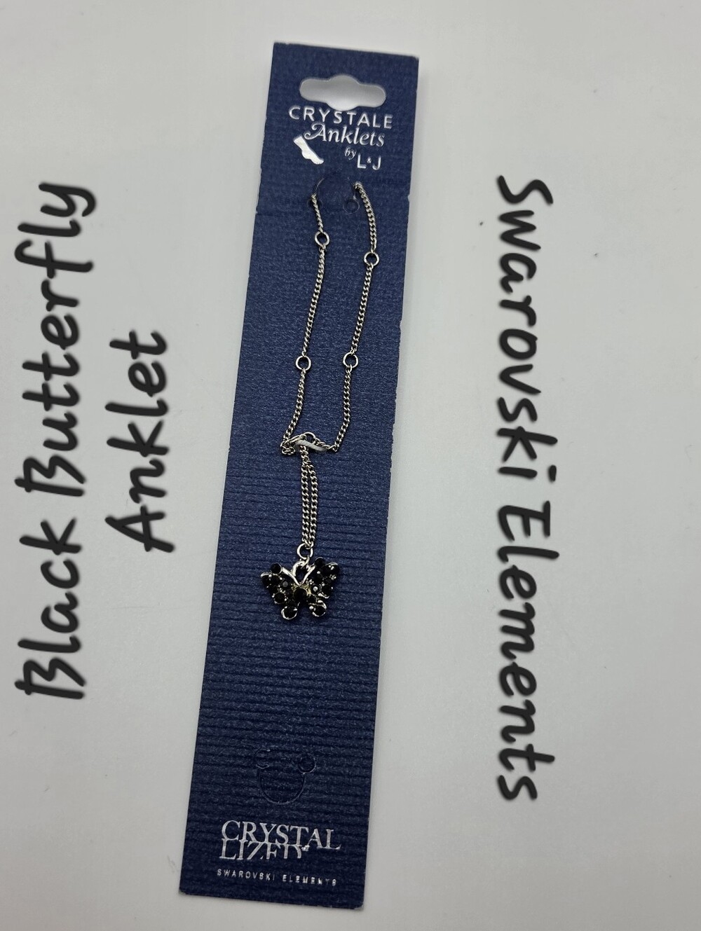 Crystal Anklet Swarovski Elements Black Butterfly Charm Silver Tone NWT